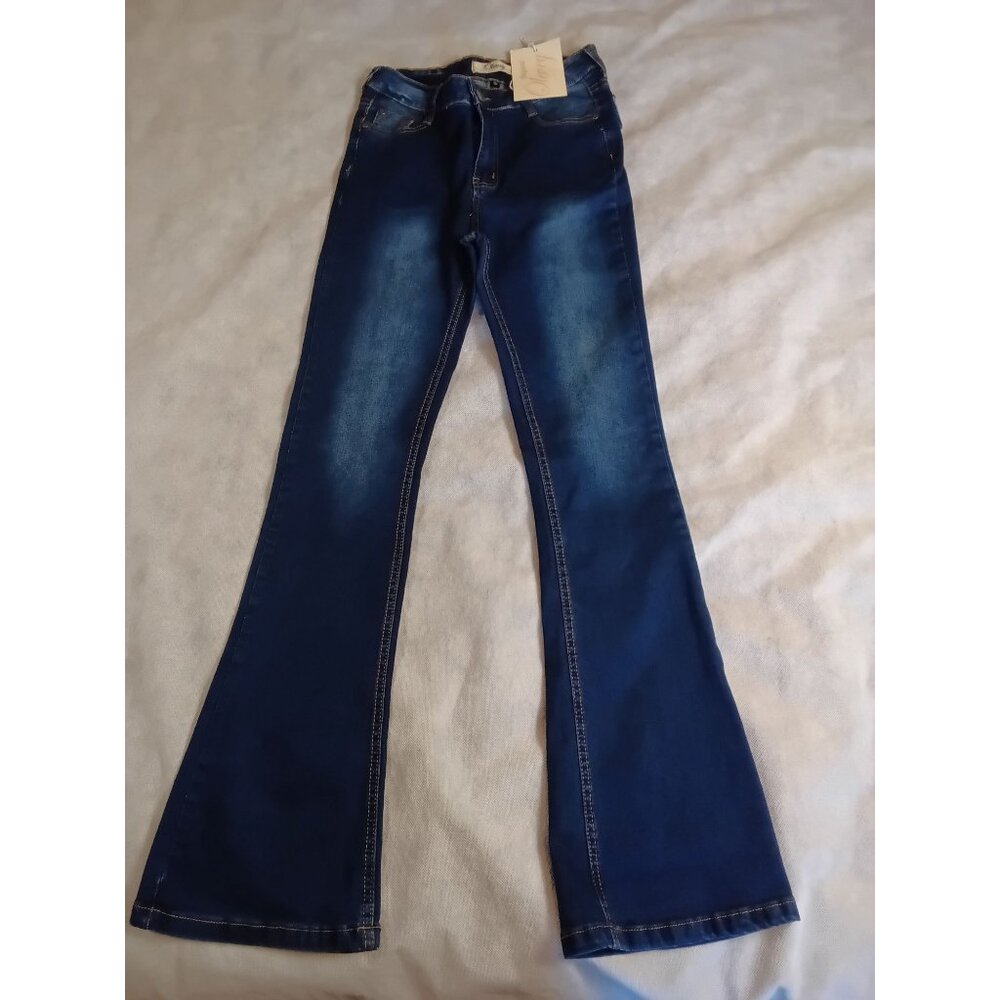 OLEVEY Womens Raw Denim Flare Jeans Size 5 Stretch USA Made